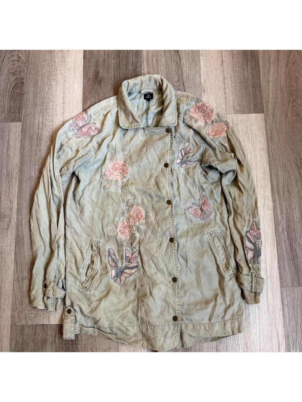 Billy T floral jacket with pink and purple flowers and butterflies, size XS